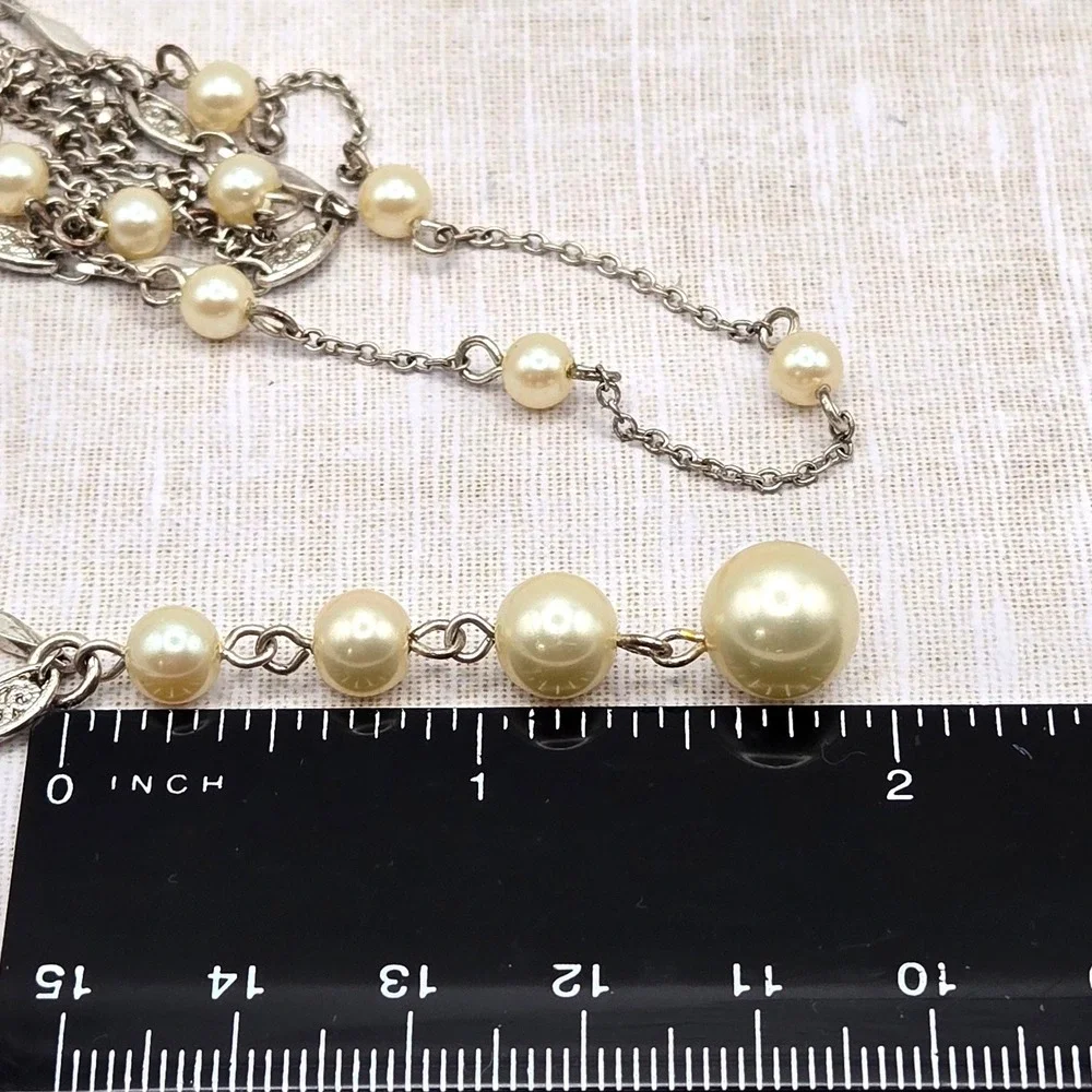 Vintage Style Silver Tone Multi Strand Glass Faux Pearl Y-Drop Filigree Necklace